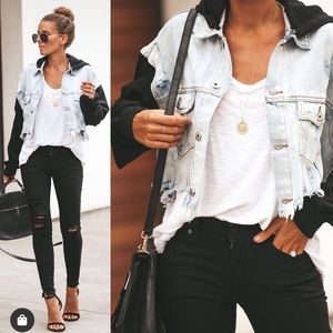 Distressed Crop Jean Jacket with Sweatshirt